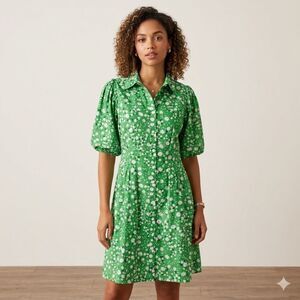 Tommy Hilfiger 100% Cotton Floral Puff Sleeve Shirt Dress Size 6 Green NWOT